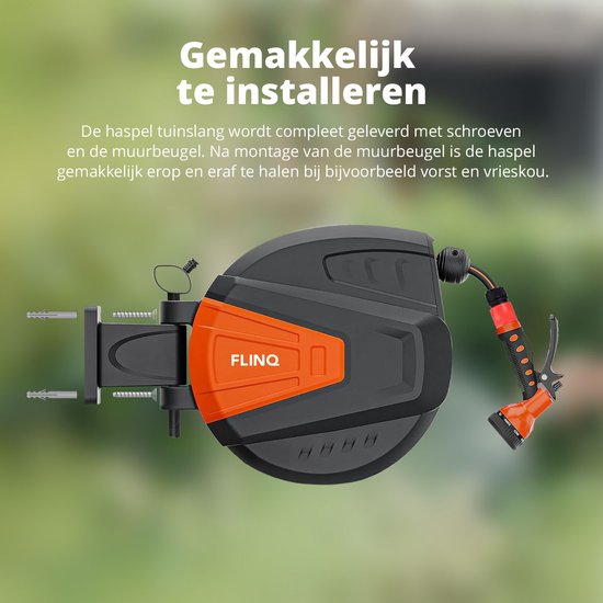 FlinQ Tuinslanghaspel 10 meter - Slanghaspel Automatisch - 180° draaibare Muurhaspel - Wandslangenbox met Tuinslang, Haspel en Sproeikop - 9 Sproeistanden