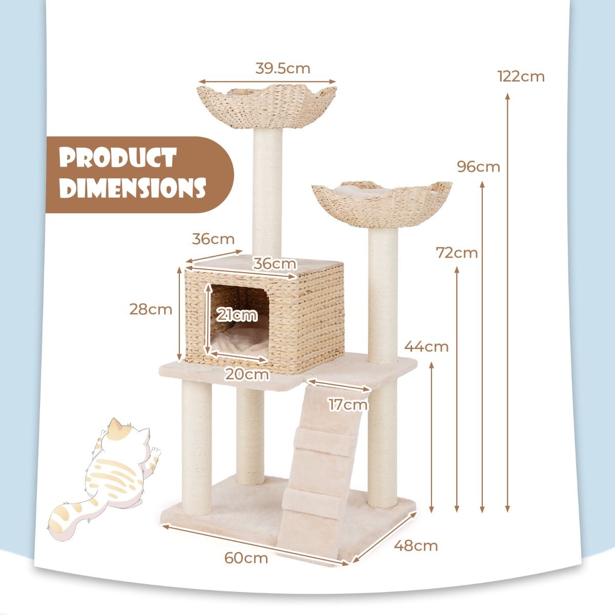 Coast Krabpaal voor katten - 4 niveaus - sisal krabpalen - wasbare kussens - beige 122 cm