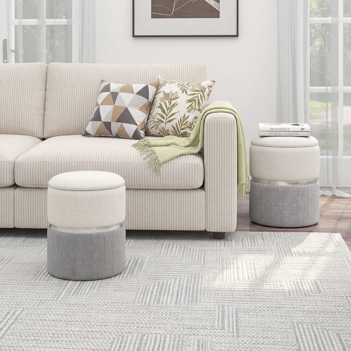 Coast Opbergpoefenset - set van 2 ronde poefs - linnen stof - zilveren accentring - beige en grijs