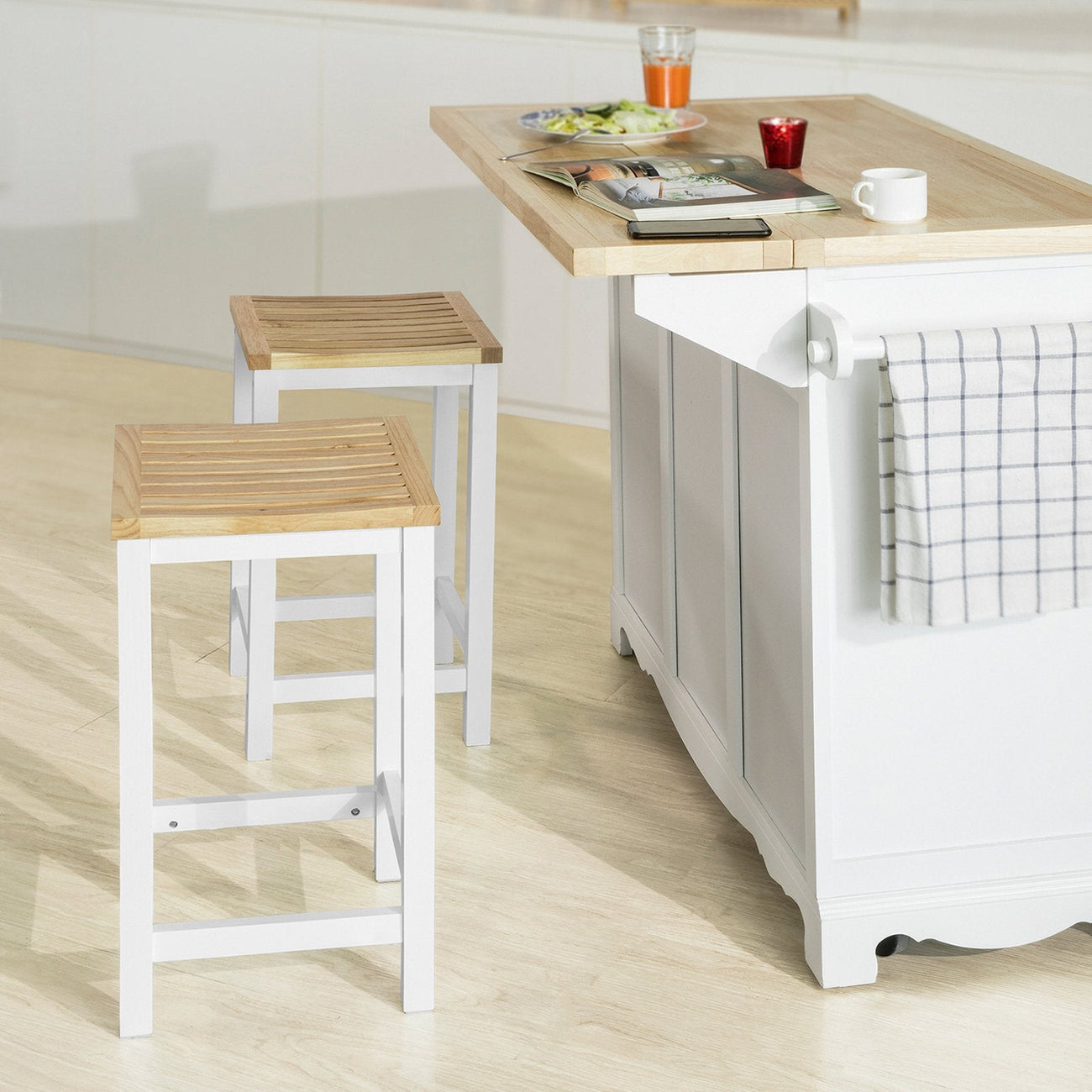 SoBuy FST29-WNx2 Barkruk set van 2 - Max. 100 kg - 35 x 35 x 61 cm - Wit/ Bruin