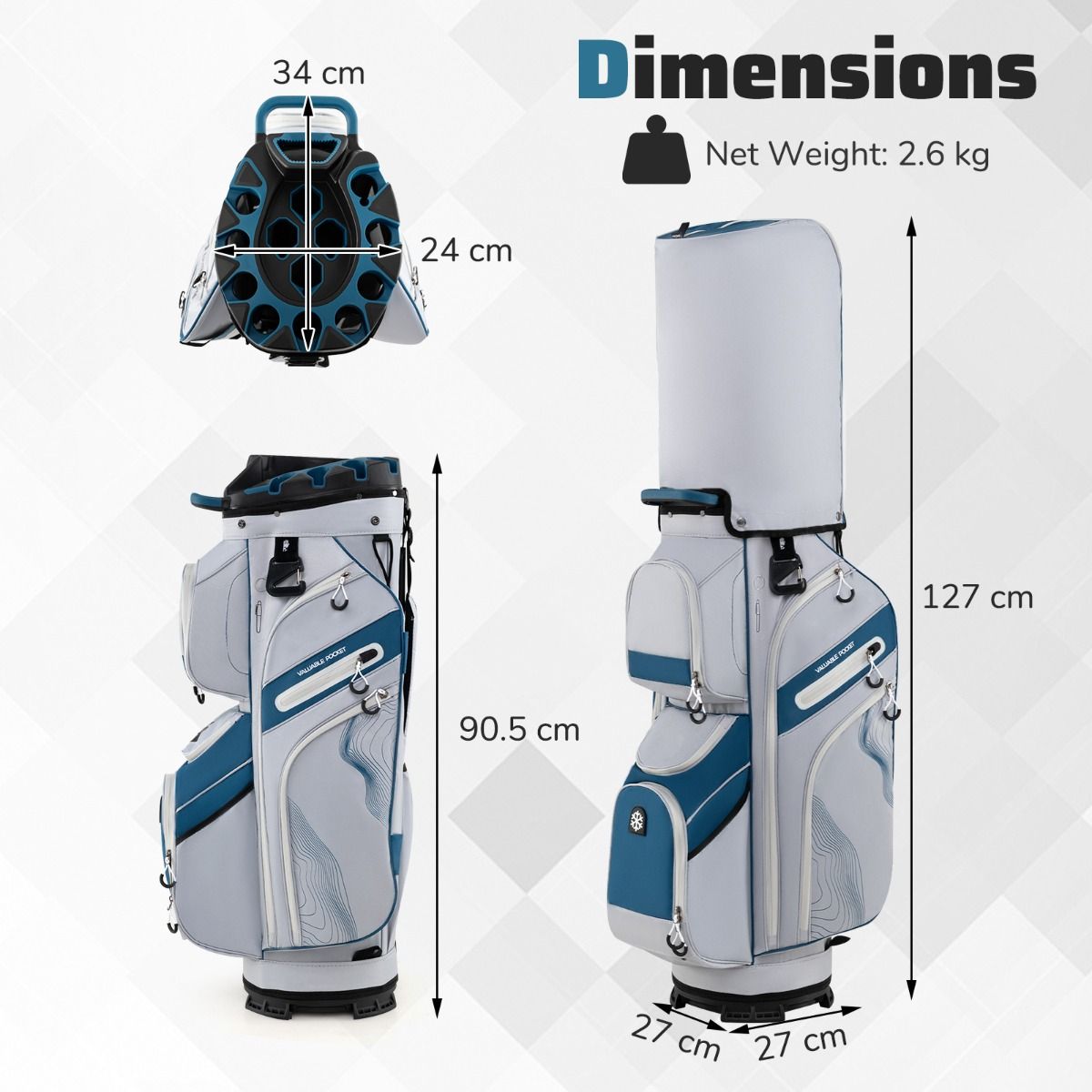 Coast Golfbag met 14 Vakken, 11 Zakken, Draagriem & Regenhoes – Lichtgewicht Golfkar Tas – 34x24x90,5 cm – Marineblauw