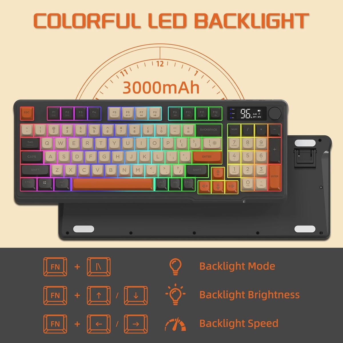 FREEWOLF M96 Draadloos Gaming Toetsenbord, Knop Bediening Bluetooth/2.4G Draadloos Mechanisch Gevoel Toetsenbord, RGB LED-Backlit met scherm, PBT Keycap, 3000mAh, US Layout voor Win/Mac-Flikkering