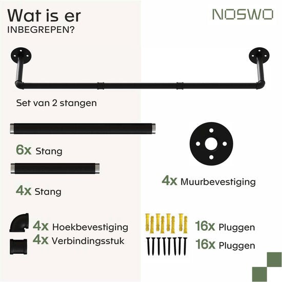 Noswo Kledingstang voor aan de Muur – 2 Stuks - Hoogwaardige Stalen Kledingroede – Kledingrek - Hangrek - Garderobe Stang - 112 cm – Zwart