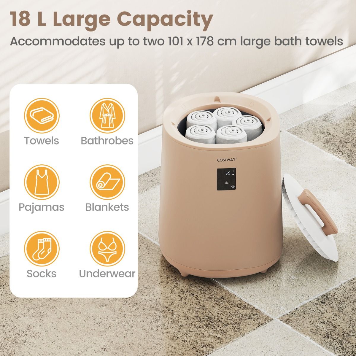 Coast Handdoekverwarmer - 18 liter capaciteit - LED-display - koffiebruin