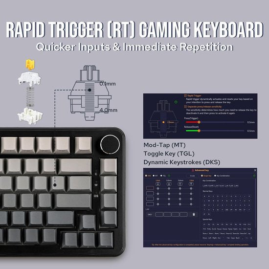 Ajazz AK820 MAX HE - 75% Bedraad RGB Gaming Toetsenbord - Hall Effect Rapid Trigger Mechanisch Toetsenborden - Zij Bedrukte toetsen - Gasket - Hot Swap - 8K Hz Polling Rate - QWERTY Toetsenborden - 82 Keys - Gradiënt Grijs