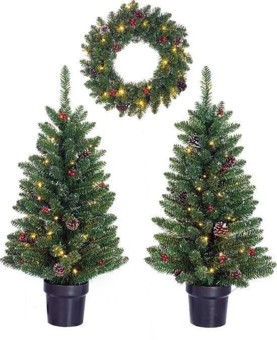 Black Box Trees Creston Set van 2 Kerstbomen en 1 Krans met LED Verlichting - Groen