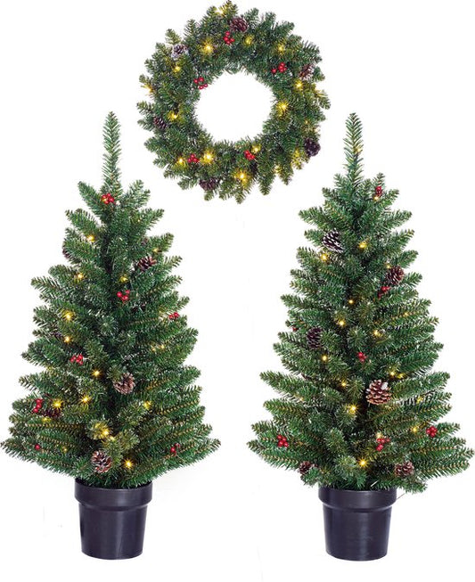 Black Box Trees Creston Set van 2 Kerstbomen en 1 Krans met LED Verlichting - Groen