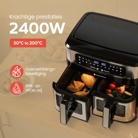 KitchenBrothers Dubbele Airfryer - 2400W - Dual Zone - 9L - Heteluchtfriteuse - Airfryer XXL - 2 x 4.5L - 10 Kookprogramma's - RVS/Zwart