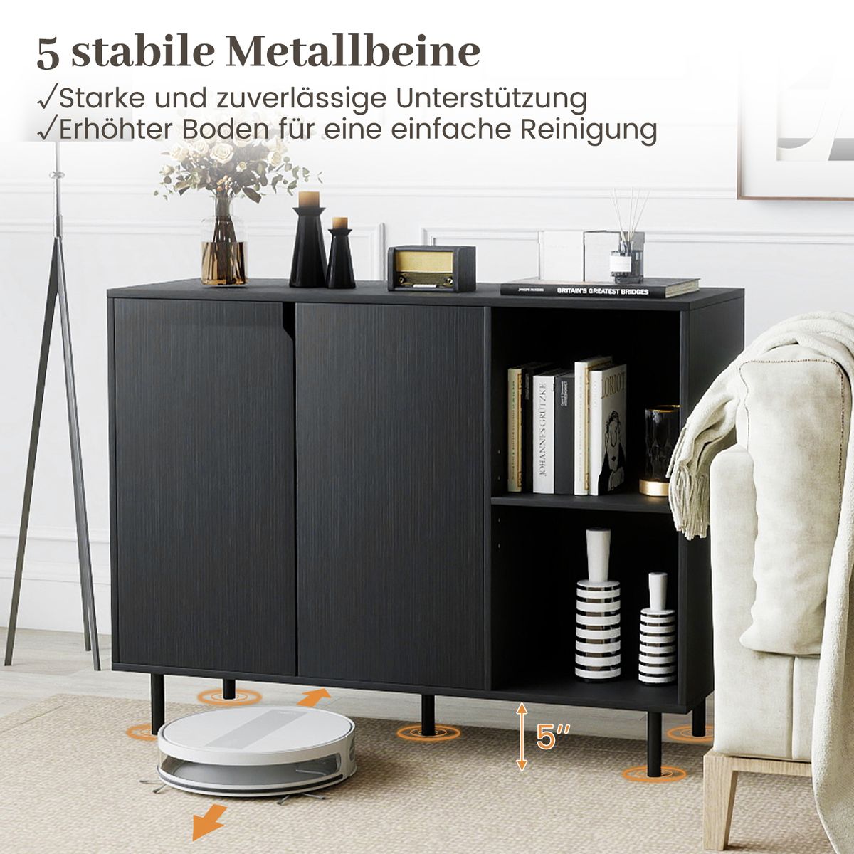 Coast Dressoir met 4 vakken en 2 deuren - verstelbare planken - zwart - 106 x 38 x 80 cm