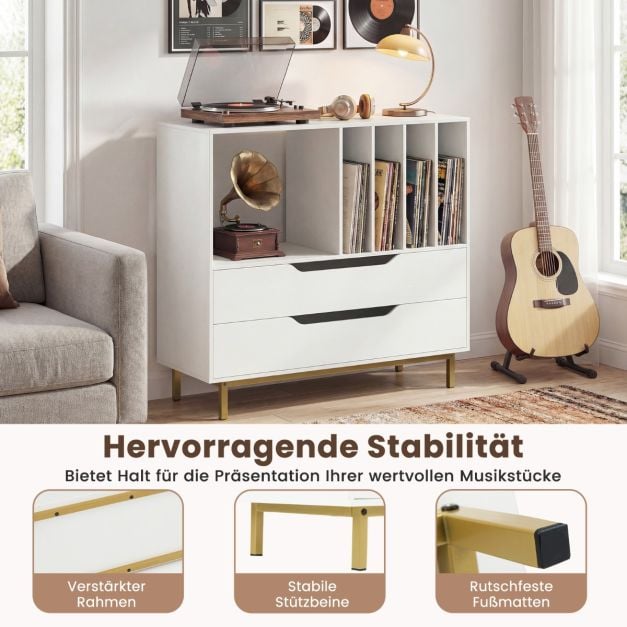 Coast Platenspeler Meubel Wit – Retro Vinylkast met 4 Platenvakken en 2 Lades – 91 x 36 x 87 cm