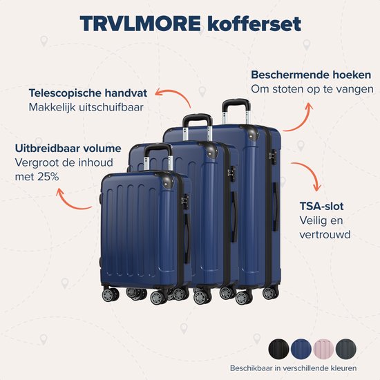 TRVLMORE Kofferset - 3 Delig - 45L Handbagage + 75L en 115L Ruimbagage - TSA Slot - Lichtgewicht - Reiskoffer set - Donkerblauw