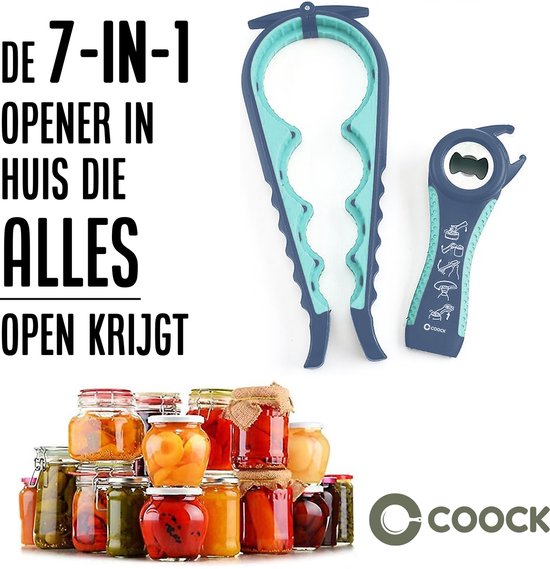 COOCK - Allesopener - Multifunctionele Opener - 7-in-1 Potopener - Keuken Hulp - Flesopener - Bieropener - XL Dekselopener voor potten - Pottenopener - Hulpmiddelen voor Ouderen - Blauw