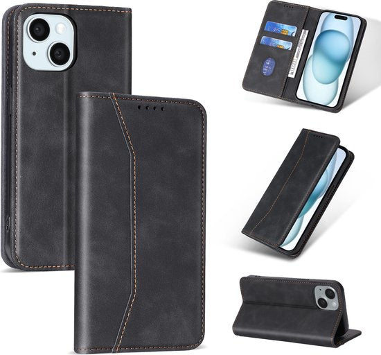 Podec Hoesje met Pasjeshouder Geschikt voor iPhone 15 Zwart Telefoonhoesje - Anti-Shock Bookcase Cover met 1x Screenprotector - Wallet Case