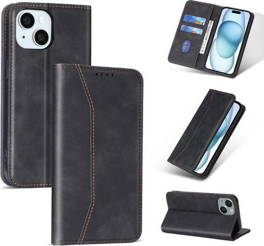 Podec Hoesje met Pasjeshouder Geschikt voor iPhone 15 Zwart Telefoonhoesje - Anti-Shock Bookcase Cover met 1x Screenprotector - Wallet Case