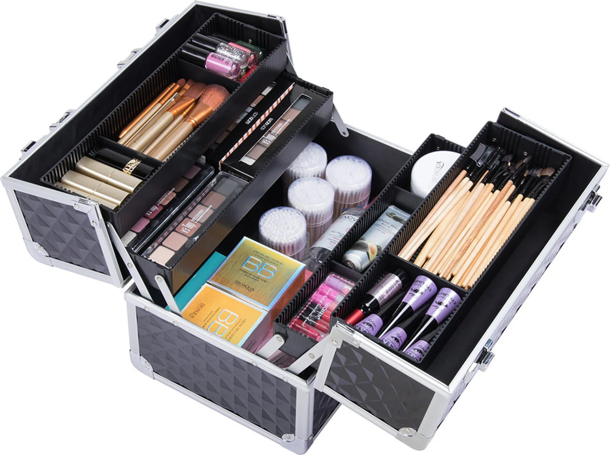 Yaheetech Make-upkoffer Beautycase – Voorzien Van 3 Lagen En Verstelbare Tussenschotten En Slot Met Sleutels – Voor Visagisten En Kappers – Zwart Aluminium – 34,7 x 22,2 x 25 cm