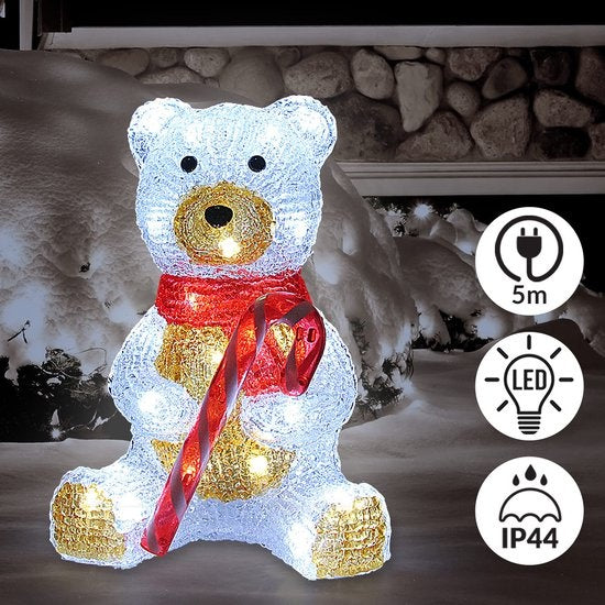 Deuba Kerstfiguur Teddy - LED Acryl 25cm Binnen Buiten – Wit Licht