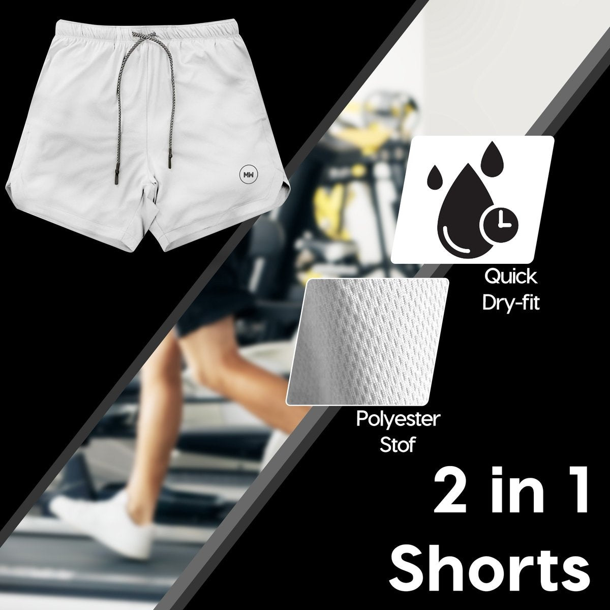 MW® - Sportbroek Heren - Fitnessbroek - Sportkleding - 2 in 1 Shorts - Hardloopbroek (Grijs - S)