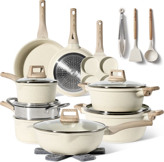 Just Perfecto 21 Delige Pannenset Inductie - Beige Pannenset Met Deksel Voor Gas en Inductie - PFAS vrij - Koudgrepen