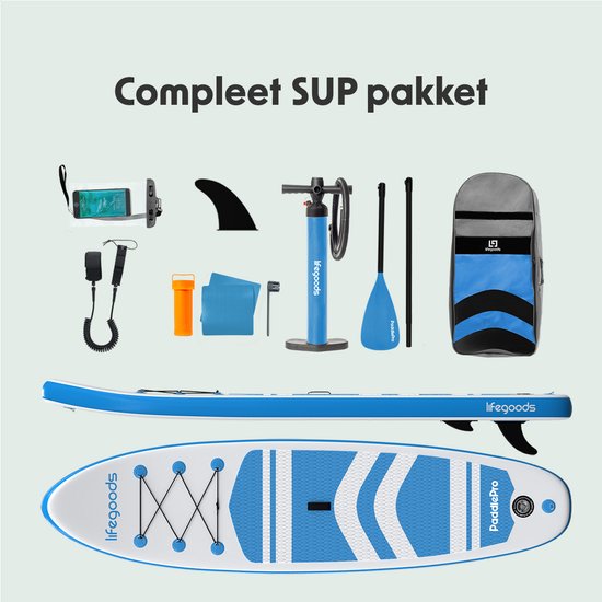 LifeGoods PaddlePro SUP Board - Opblaasbaar Paddle Board - Complete Set - Max. 135KG - 320x81cm - Wit/Sky Blue