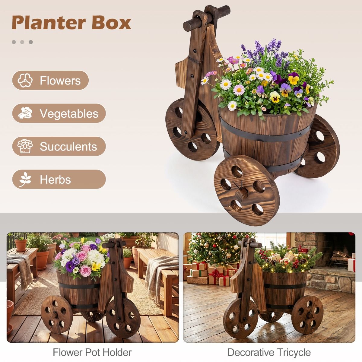 Coast Houten driewielige plantenbak - tonvormig - met afwateringsgat - bruin 47 x 32 x 43,5 cm