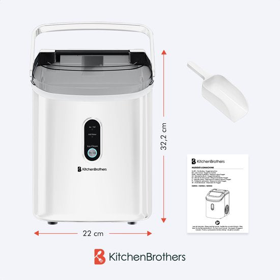 KitchenBrothers Nugget IJsblokjesmachine - 1.1L - Crushed Ice Maker met IJsschep – Draagbaar - 15kg/24 uur - Wit