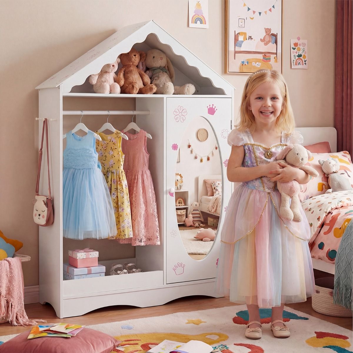 Coast kinderkledingkast met spiegel - dakvormig ontwerp - open kledingstang en planken - wit