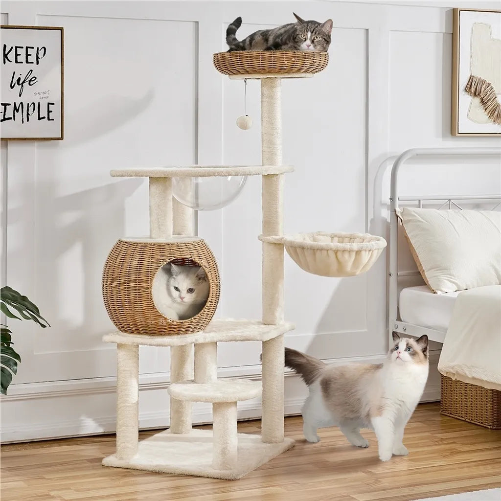 Yaheetech Krabpaal 137,5 cm Rattan met Kattenhuis, Beige