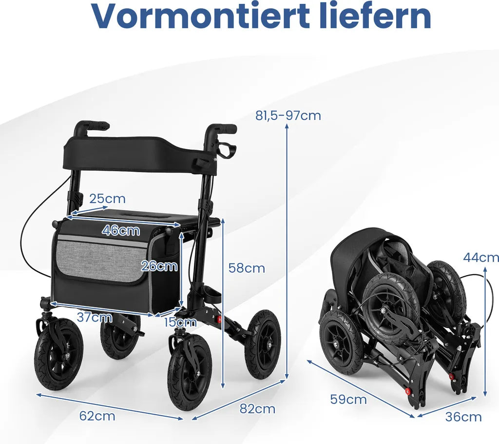 Coast Opvouwbare Rollator Zwart – 2-in-1 Reisrollator met Zitje en Luchtbanden – 62 x 82 x 81,5-97 cm