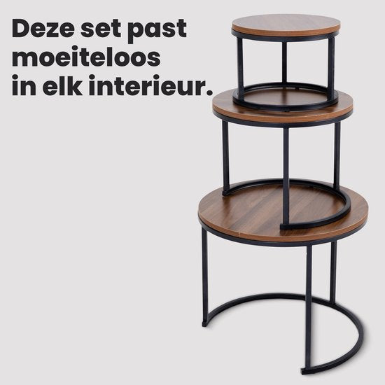 Bayt Salontafel - Salontafel Set - Ronde Salon tafel - Set 3 stuks - Bijzettafel - Koffietafel - Hout - Bruin