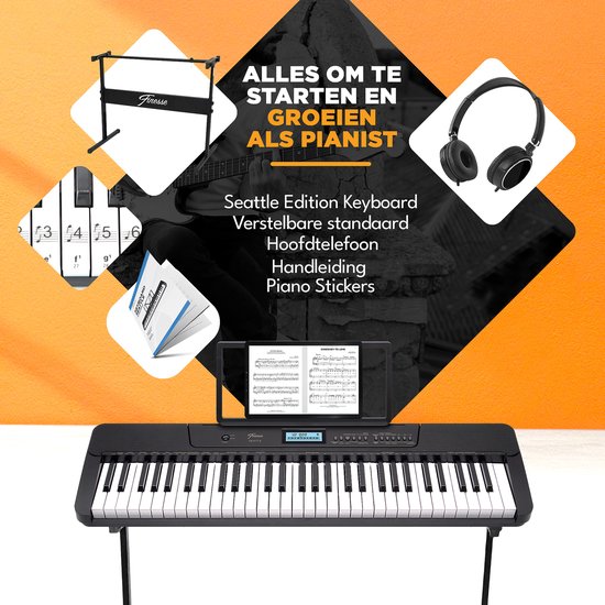 Finesse Keyboard Piano - Statief & Accessoires - 61 Keys - MIDI - Digitale Piano - Elektrische Piano - Kind - Zwart/Wit