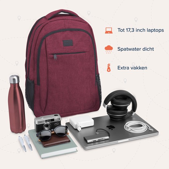 TRVLMORE Rugzak - Rugtas met 17,3 Inch Laptopvak - Schooltas - Spatwaterdicht - Heren en Dames - Jongens en Meisjes - 36L - Burgundy