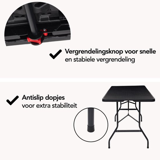 Brixy Inklapbare Tafel - Vouwtafel - 180 x 70 x 74 cm - Campingtafel - Tuintafel - Draagbaar - Zwart