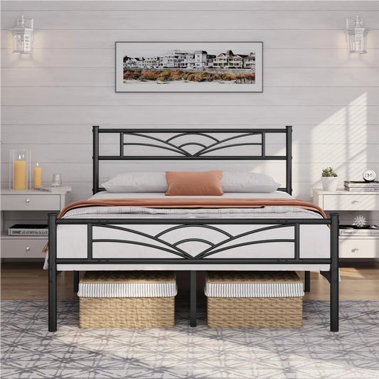 Yaheetech Metalen Bedframe - Wolkenpatroon - Lattenbodem - 140 x 200 cm - 32 cm Opbergruimte - Zwart