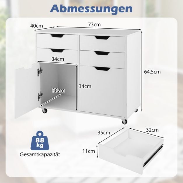 Coast Verrijdbare Archiefkast – 4 Laden en 2 Deuren – 73 x 40 x 64,5 cm – Wit