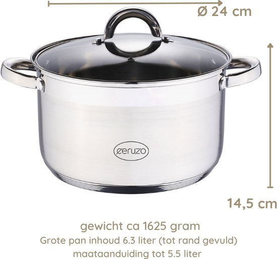 Ceruzo Kookpan - RVS - Diameter 24 cm - H 14,5 cm - 6,3 L - alle Warmtebronnen