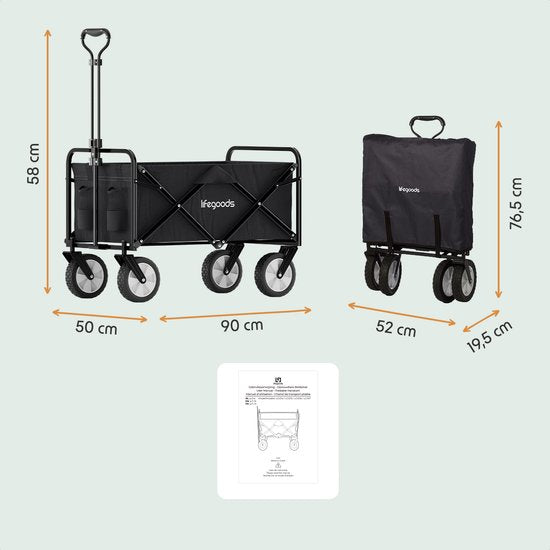 LifeGoods Bolderkar Opvouwbaar - 94L - 70KG Draagkracht - 90x50x58CM - Draaibare wielen - Inklapbare Bolderwagen met Wasbare Hoes - Zwart