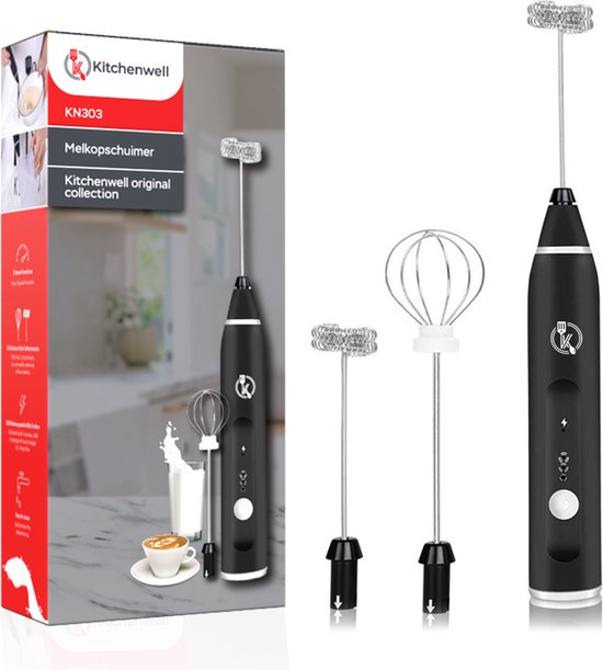 Kitchenwell Elektrische Melkopschuimer - Melkopschuimer handmatig - Melkopklopper - 3 snelheden - Zwart