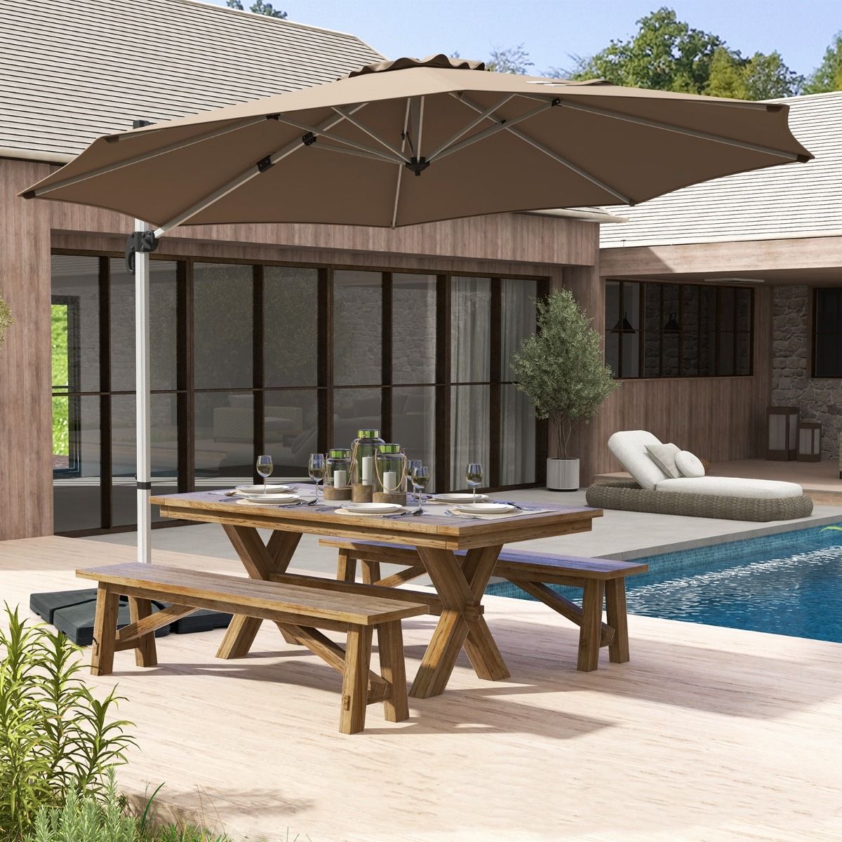 Coast Vrijhangende Parasol - 360° draaibaar - Verstelbare kanteling - Bruin/Beige - 339 x 260 cm