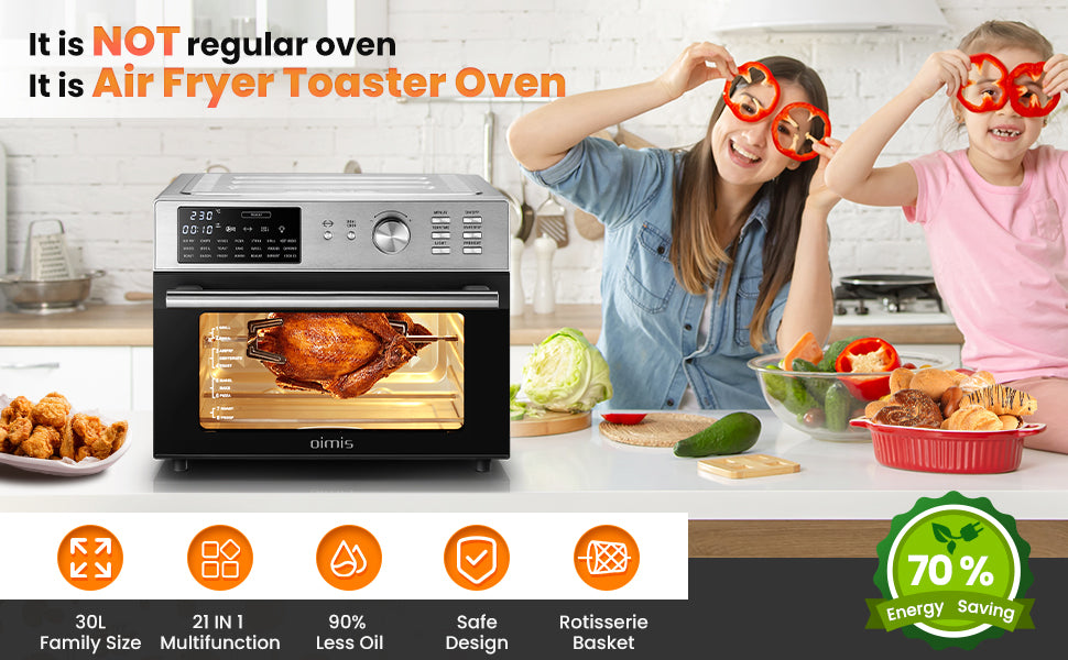 Oimis Airfryer Oven 30 Liter - 21 Programma's met Grillspit en Droogfunctie - 1800 W - 45,6 x 43 x 36,5 cm - RVS Zilver