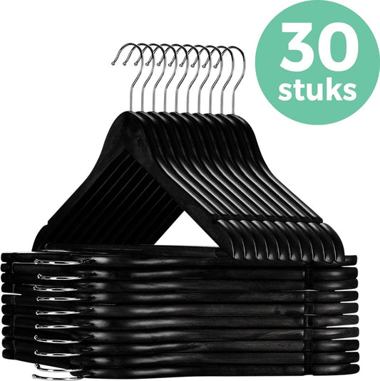 LifeGoods Kledinghangers - Met Broeklat - Hardhout - Zwart - 30 Stuks
