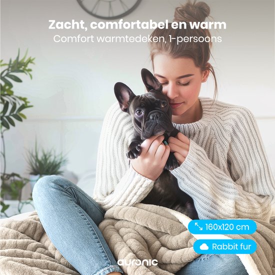 Auronic Elektrische Deken - 160 x 120cm - Warmtedeken - 1 Persoons - 3 Warmtestanden - Pluche - Taupe