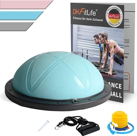 DH FitLife Balansbal, yoga balanstrainer, diameter van 60 x 22 cm, tot 200 kg belastbaar, halve gymnastiekbal, fitness balansboard, evenwichtsboard met pomp en 2 fitnessbanden