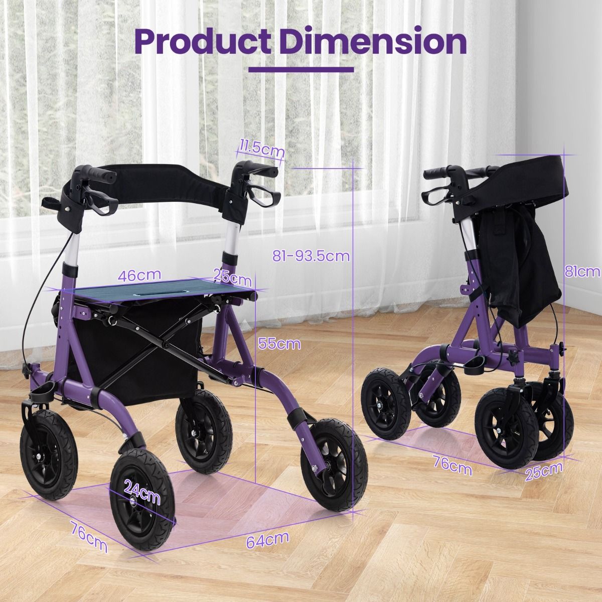 Coast Opvouwbare Rollator met Zitting - 2-in-1 Rolstoel en Loophulp - 6-voudig in hoogte verstelbaar - paars
