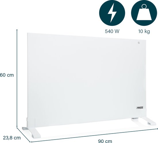 Infrarood paneel – Princess Elektrische kachel 540W - 60 x 90cm - Infrarood kachel - Infrarood Verwarmingspaneel 348254 - Smart - WiFi - met App - Vrijstaand/Wandmontage - Energiezuinig - Infrarood paneel verplaatsbaar – Wit - Randloos