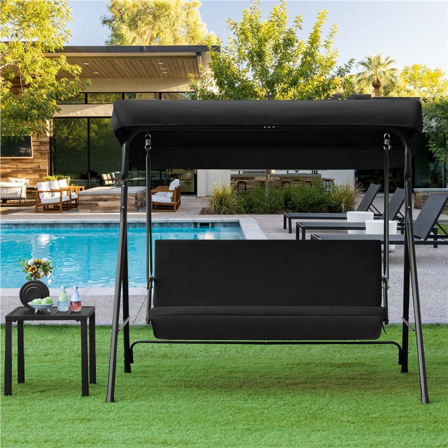 Yaheetech 3-zits Hollywoodschommel met Verstelbaar Zonnescherm - 170 x 112,5 x 162,5 cm - Zwart