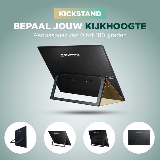 Remodius® Portable Monitor 16 Inch + Sleeve – Ultradunne 2.5K Draagbare Monitor – Reisdisplaybundel met Beschermhoes – USB-C & Mini HDMI – IPS Scherm, HDR, Ingebouwde Kickstand