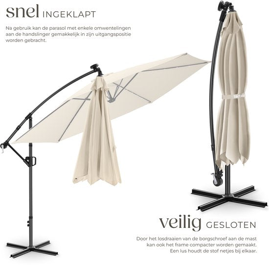 tectake® Zweefparasol met Voet - 3,5 x 3,5 m - Tuinparasol met LED-Verlichting op Zonne-Energie - Draaibaar - Waterafstotend Polyester met UV-Bescherming - Inclusief Hoes - Beige