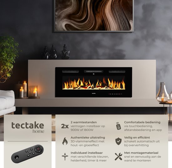 tectake® Wandhaard - Elektrische Haard - Sfeerhaard - 106,5 x 12 x 43 cm - 900W & 1800W - Bediening met Afstandsbediening of App - met Thermostaat - Kachel - met Verwarming - Haarden - Hout en Gloeieffecten - 3D Vlammen - Timer