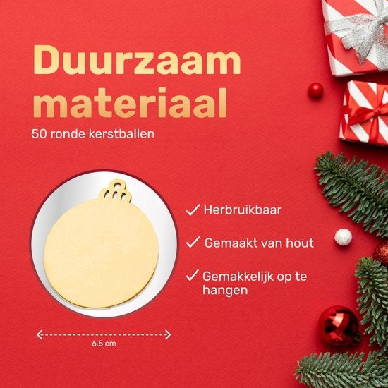 Giftmas Houten Kerstballen – Kerstversiering voor Binnen – Kerstbal van Hout – Kerst – ⌀6,5cm - 50 Stuks