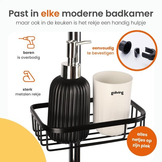 Goliving Doucherek hangend - Doucherekje - Zonder Boren - Keukenrek - Gootsteen Organizer - Badkamer Accessoires - 19,5 cm - Set van 2 - Zwart